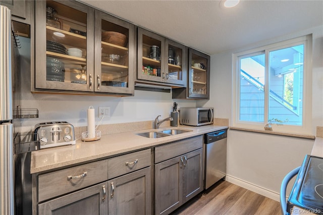 kitchen featuring stainless steel appliances, dark brown cabinetry, sink, light stone counters, and dark hardwood / wood-style flooring