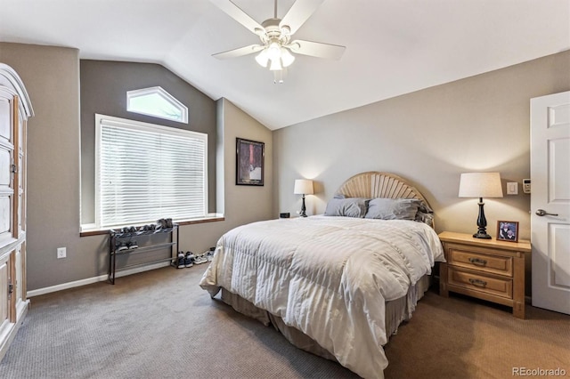 bedroom with lofted ceiling, carpet flooring, a ceiling fan, and baseboards