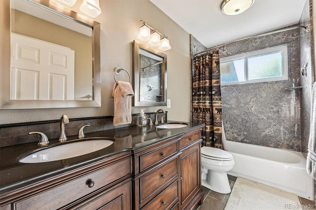 full bathroom featuring toilet, double vanity, a sink, and shower / tub combo with curtain