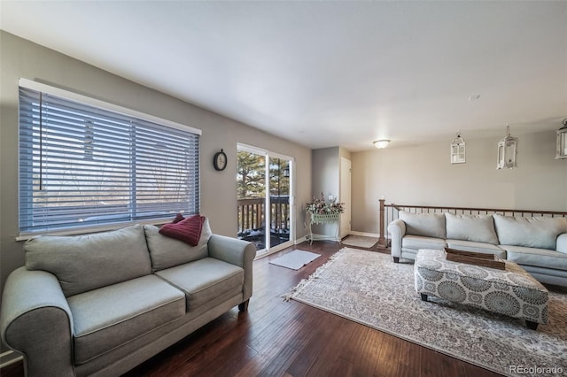 living room with dark hardwood / wood-style flooring