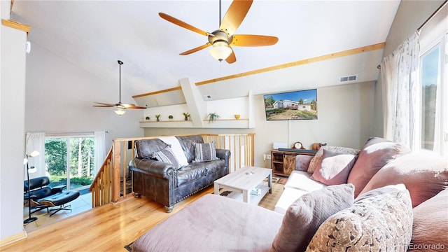 11348 Ranch Elsie Rd, Golden, CO 80403 - living area featuring a ceiling fan, high vaulted ceiling, visible vents, and wood finished floors