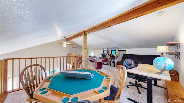 11348 Ranch Elsie Rd, Golden, CO 80403 - rec room featuring carpet, vaulted ceiling, and a ceiling fan