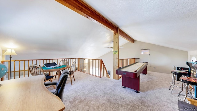 11348 Ranch Elsie Rd, Golden, CO 80403 - game room with ceiling fan, a textured ceiling, lofted ceiling with beams, and carpet floors