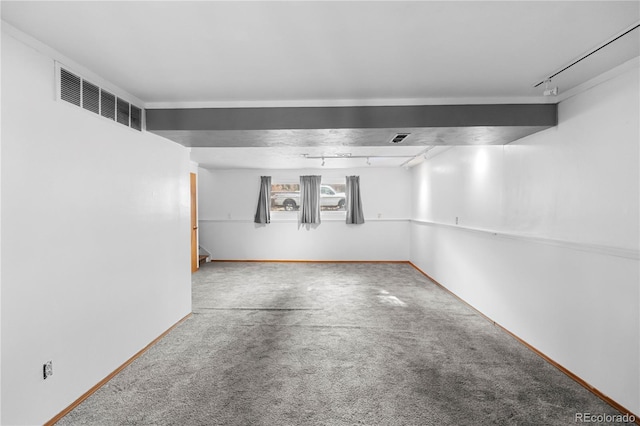 basement with carpet floors and track lighting