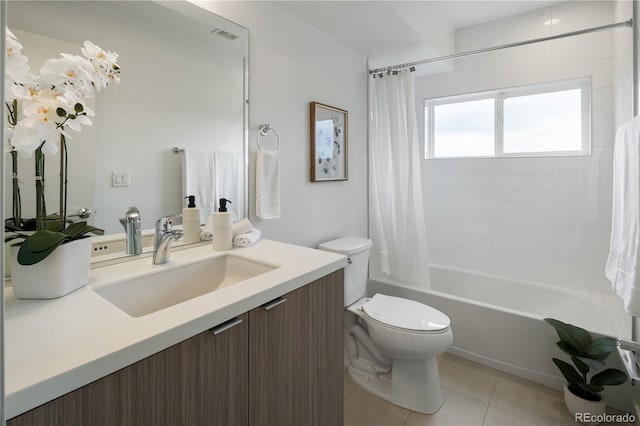 full bathroom featuring toilet, shower / tub combo, tile patterned flooring, and vanity