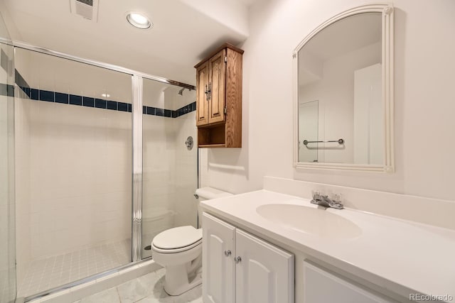 bathroom featuring visible vents, toilet, recessed lighting, a stall shower, and vanity