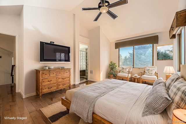 bedroom featuring high vaulted ceiling, baseboards, wood-type flooring, and ceiling fan