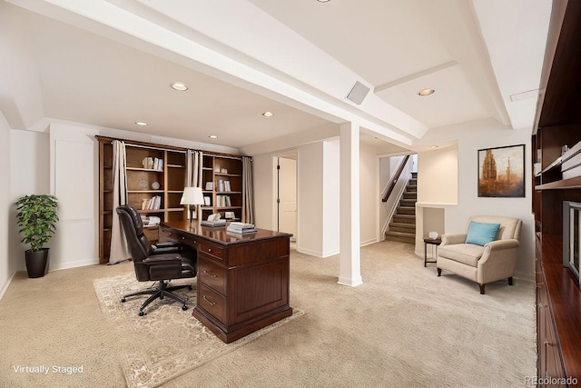 office space with light carpet, recessed lighting, and baseboards