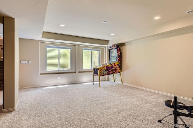 rec room with carpet floors, baseboards, and recessed lighting