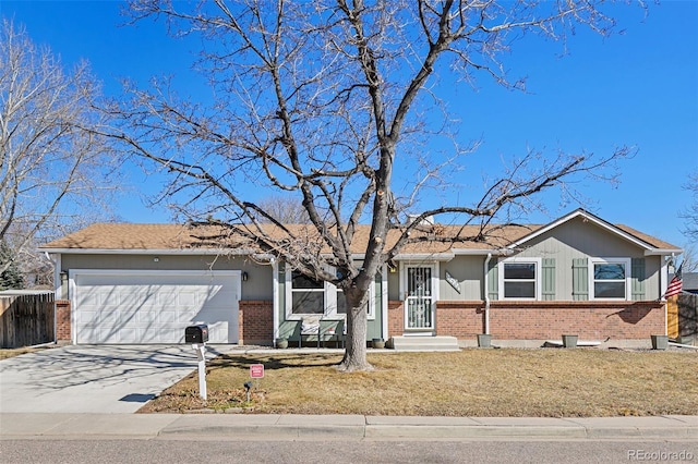 ranch-style house with an attached garage, fence, concrete driveway, and brick siding