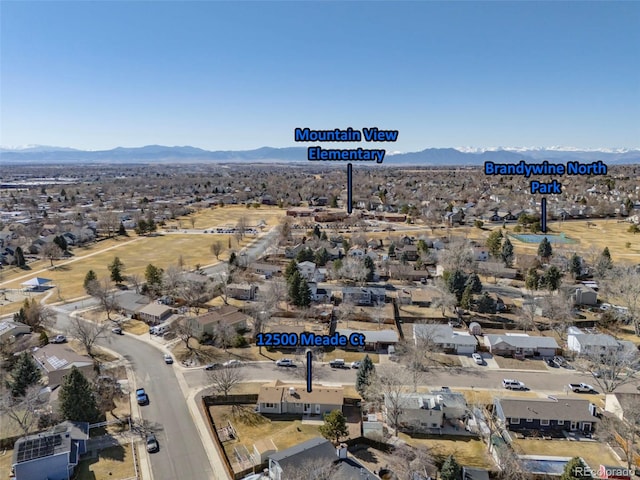 aerial view featuring a residential view and a mountain view