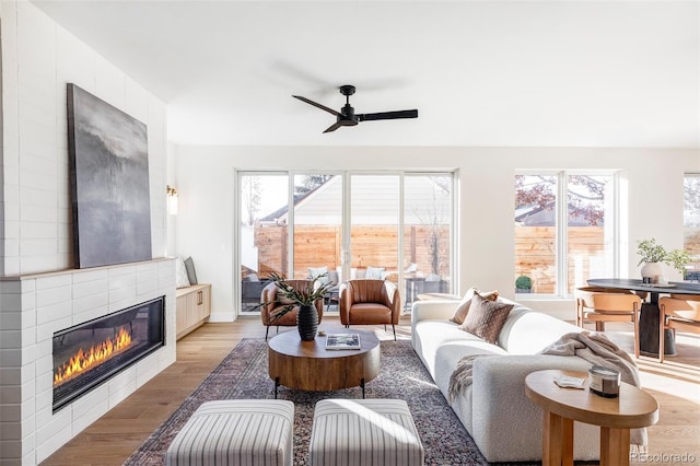 living room with a fireplace, a wealth of natural light, light hardwood / wood-style flooring, and ceiling fan