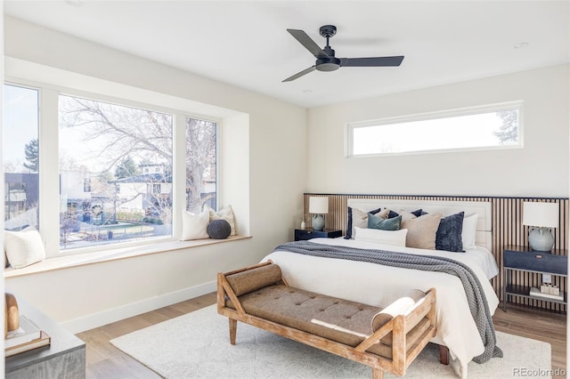 bedroom featuring multiple windows, light hardwood / wood-style floors, and ceiling fan