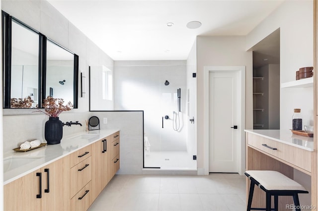 bathroom featuring tile patterned flooring, vanity, decorative backsplash, and walk in shower