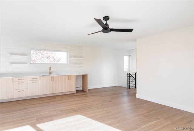 kitchen with a healthy amount of sunlight, light wood-type flooring, sink, and light brown cabinetry