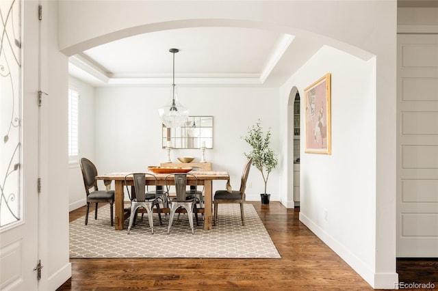 dining space featuring baseboards, a raised ceiling, and dark wood-type flooring