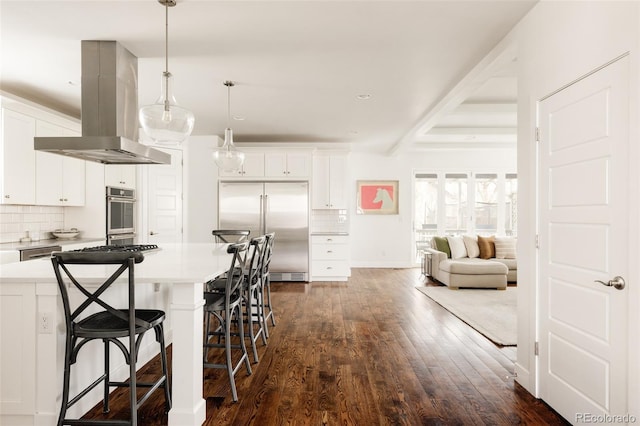 kitchen featuring dark wood-style flooring, stainless steel appliances, light countertops, backsplash, and island range hood