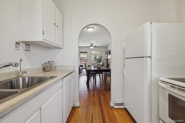 kitchen with ceiling fan, white cabinets, white appliances, and light wood-type flooring