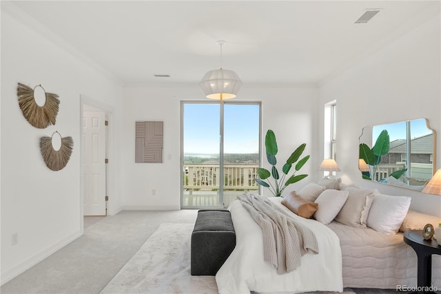 9566 Poppy Way, Arvada, CO 80007 - bedroom featuring access to exterior, light carpet, and ornamental molding