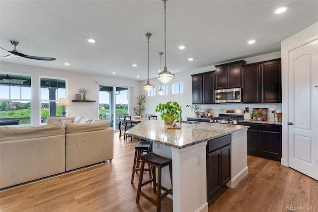 11817 Phoebe St, Parker, CO 80134 - kitchen with stainless steel appliances, open floor plan, a kitchen breakfast bar, light stone counters, and light wood-type flooring