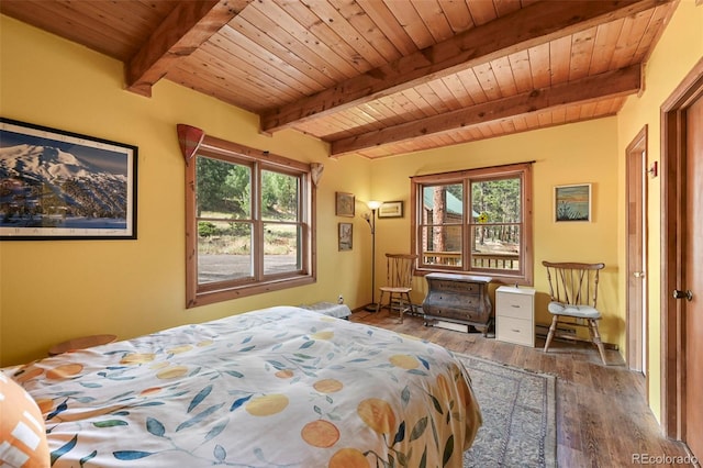 bedroom featuring dark hardwood / wood-style flooring, beamed ceiling, multiple windows, and wooden ceiling