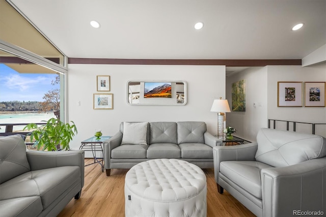 living area with recessed lighting and light wood-type flooring