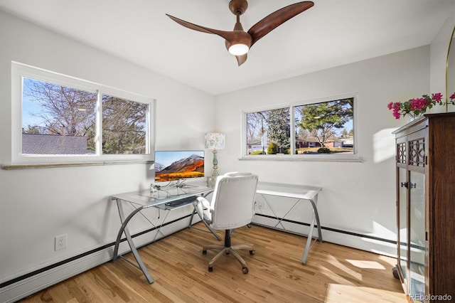 office area featuring a baseboard heating unit and wood finished floors