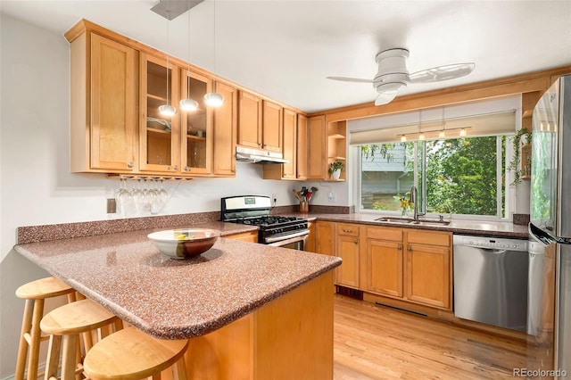 3982 Arbol Ct, Boulder, CO 80301 - kitchen with stainless steel appliances, under cabinet range hood, a peninsula, light wood finished floors, and a breakfast bar area