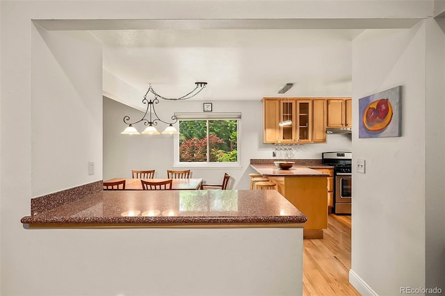 3982 Arbol Ct, Boulder, CO 80301 - kitchen featuring gas range, a peninsula, glass insert cabinets, light wood finished floors, and under cabinet range hood
