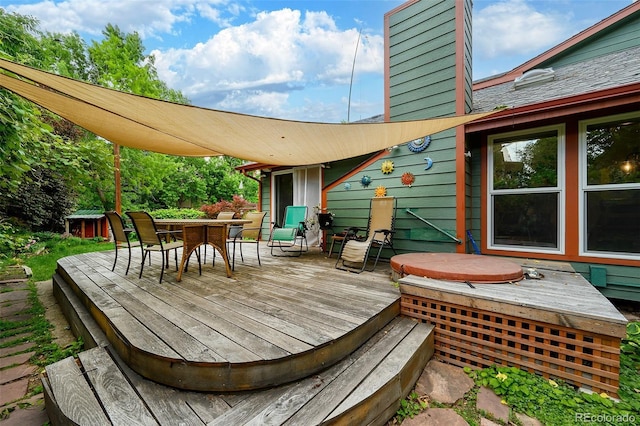 3982 Arbol Ct, Boulder, CO 80301 - wooden terrace featuring outdoor dining area and a covered hot tub