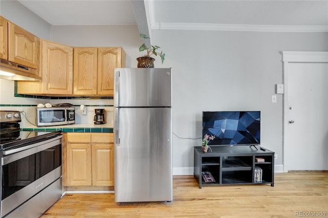 kitchen with light brown cabinetry, tasteful backsplash, stainless steel appliances, ventilation hood, and tile counters