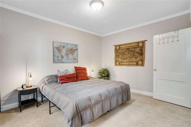 bedroom featuring light carpet and crown molding