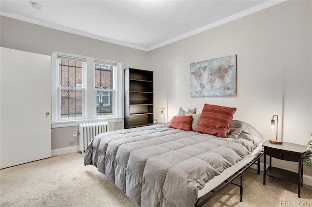 carpeted bedroom with radiator heating unit, crown molding, and multiple windows