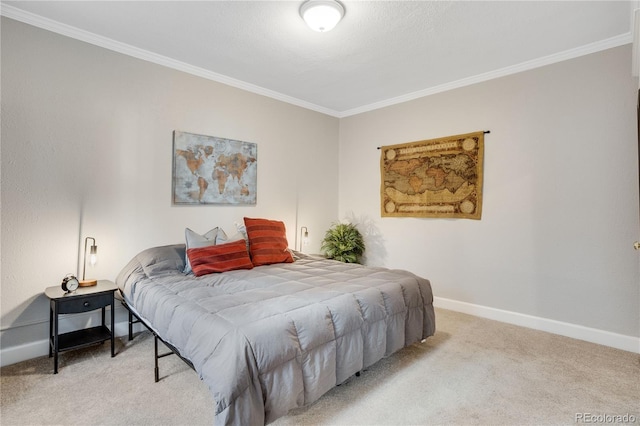 bedroom with light colored carpet and crown molding