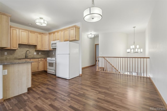 kitchen featuring decorative backsplash, light brown cabinetry, light stone counters, white appliances, and pendant lighting