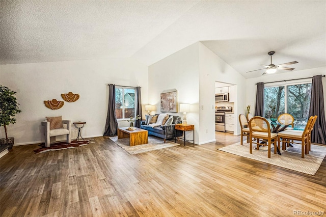 dining area featuring lofted ceiling, a textured ceiling, light wood-type flooring, and baseboards