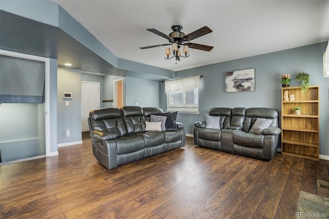8060 Willowick Ct, Colorado Springs, CO 80925 - living room with ceiling fan, wood-type flooring, and baseboards
