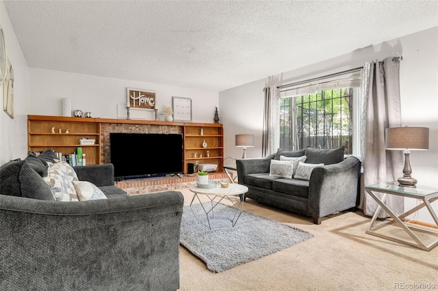 living room featuring carpet and a textured ceiling