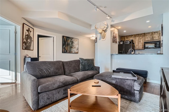 living room featuring hardwood / wood-style flooring, sink, and rail lighting