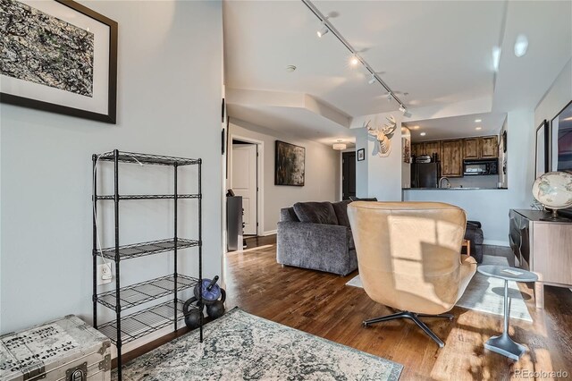 living room featuring dark hardwood / wood-style floors and rail lighting