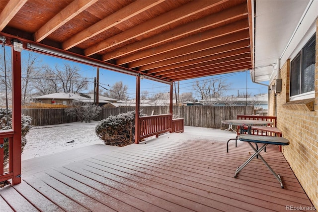 snow covered deck featuring a fenced backyard