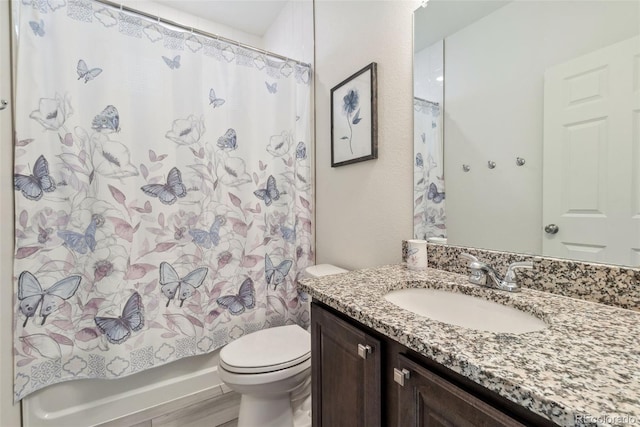 bathroom with vanity, toilet, and wood finished floors