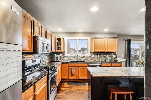kitchen with stainless steel appliances, a healthy amount of sunlight, a sink, and a kitchen bar