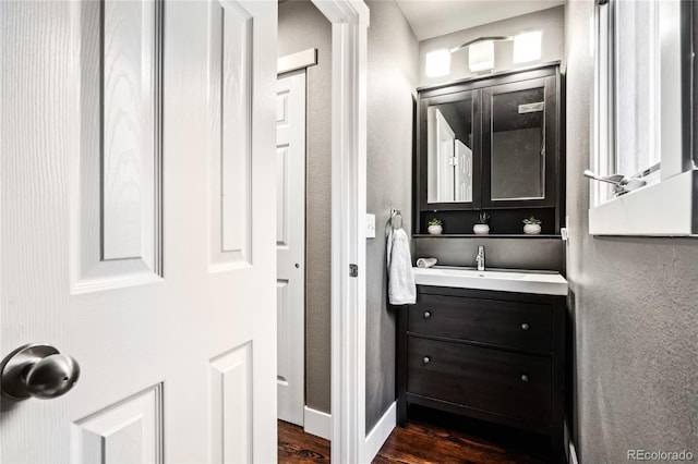 bathroom featuring wood finished floors and vanity