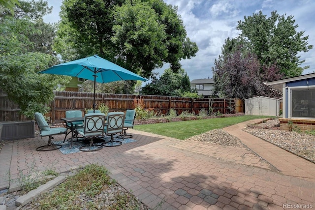 7427 S Ames Ct, Littleton, CO 80128 - fenced backyard featuring a shed, a patio, and outdoor dining space