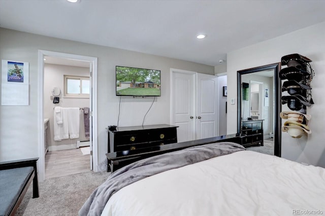 7427 S Ames Ct, Littleton, CO 80128 - bedroom with carpet flooring, a baseboard heating unit, recessed lighting, and ensuite bath
