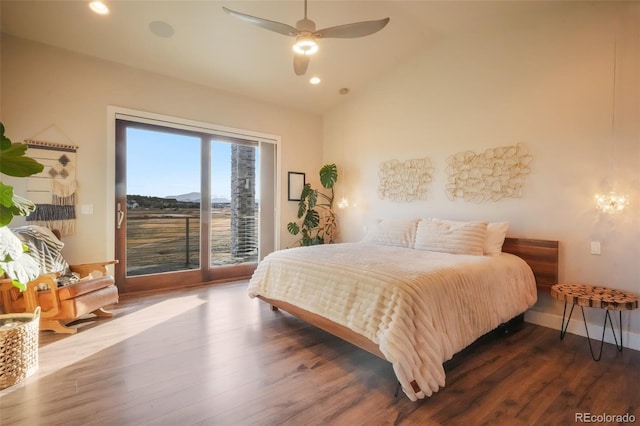 bedroom featuring dark wood-type flooring, recessed lighting, baseboards, access to exterior, and vaulted ceiling