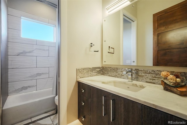 full bathroom with decorative backsplash, shower / bath combination with curtain, toilet, and vanity