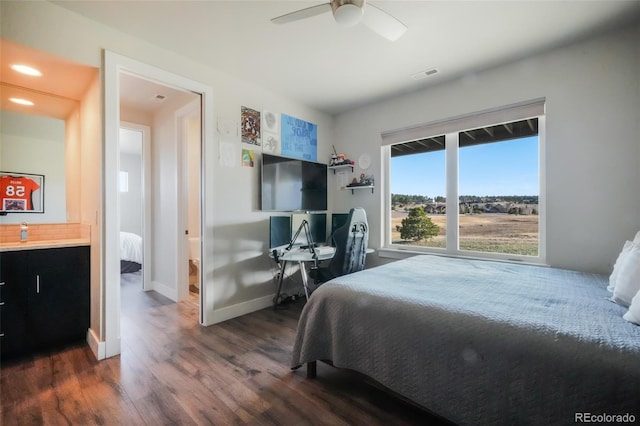 bedroom with visible vents, ceiling fan, baseboards, recessed lighting, and dark wood-style flooring