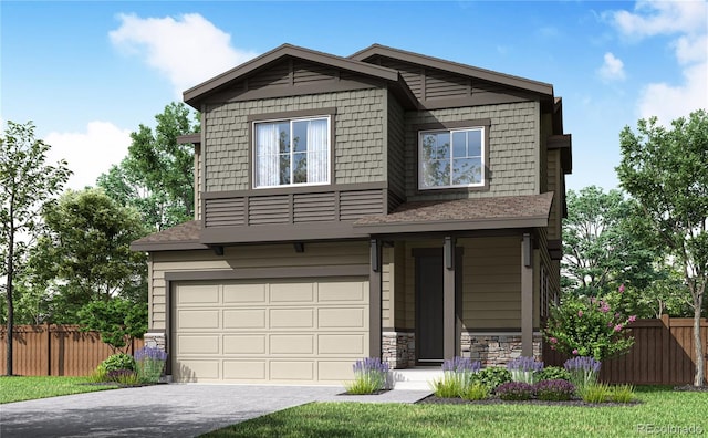 craftsman house with fence, an attached garage, concrete driveway, and stone siding